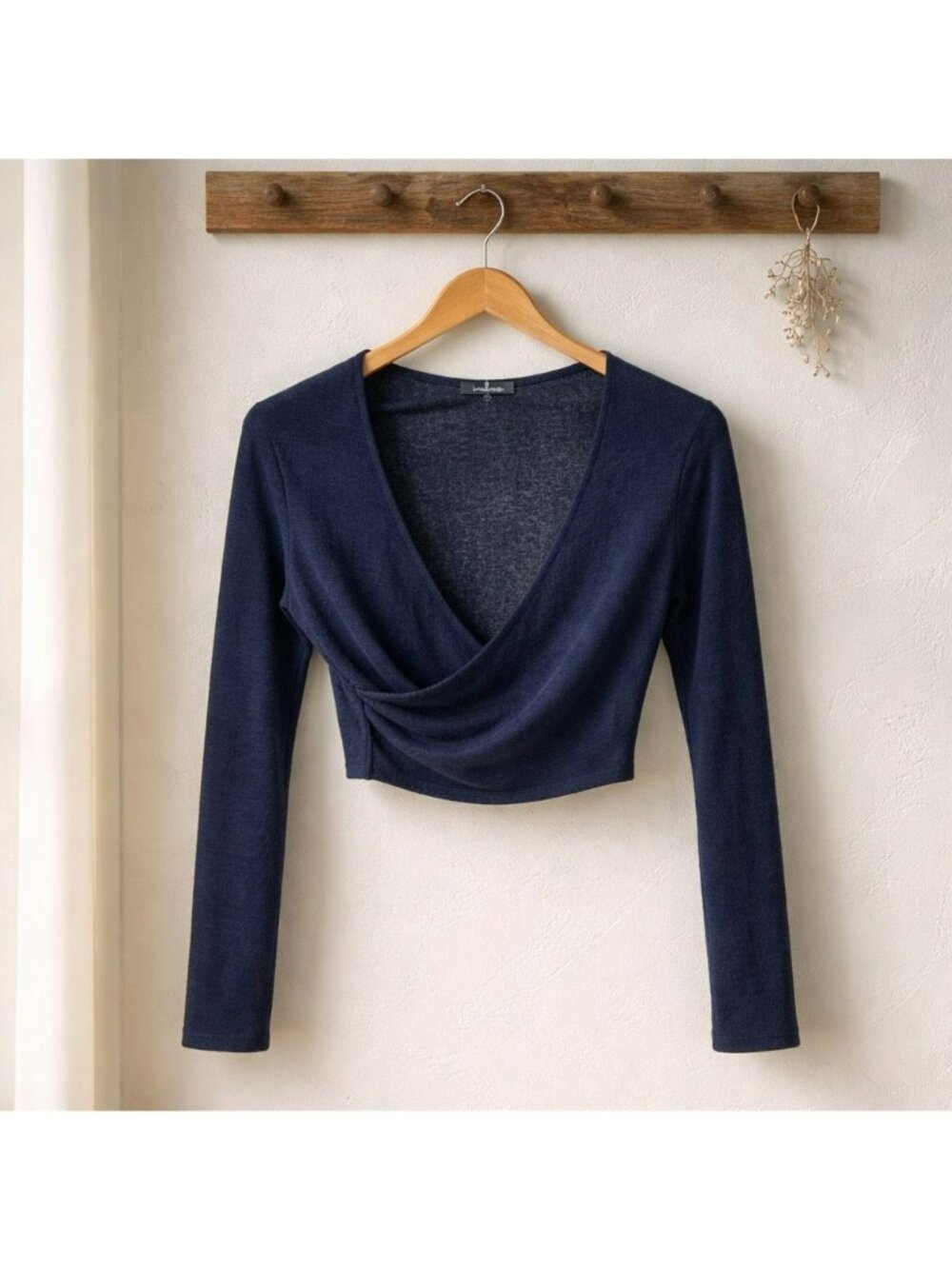 Lulus Navy Cross Over Front Deep V Pullover Cropped Top Sz L Ballet Core Boho